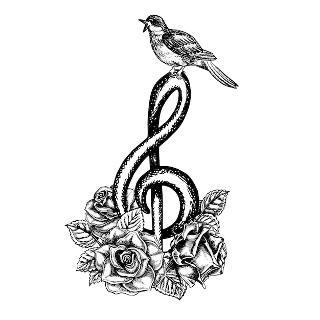 Una clave de agudo musical con un ruiseñor decorado con rosas Ilustración vectorial gráfica