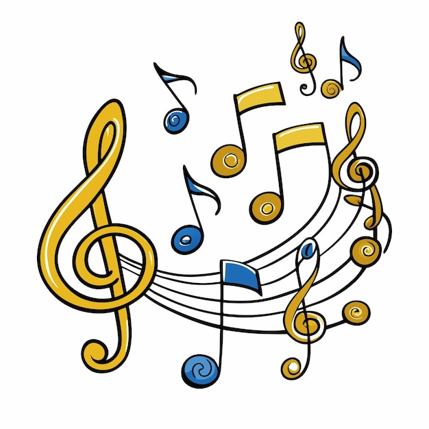 Clave de agudos dorados y notas musicales sobre un fondo blanco