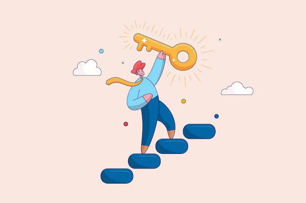 Clave para el concepto de éxito empresarial Escalera para encontrar la clave secreta o alcanzar el objetivo profesional