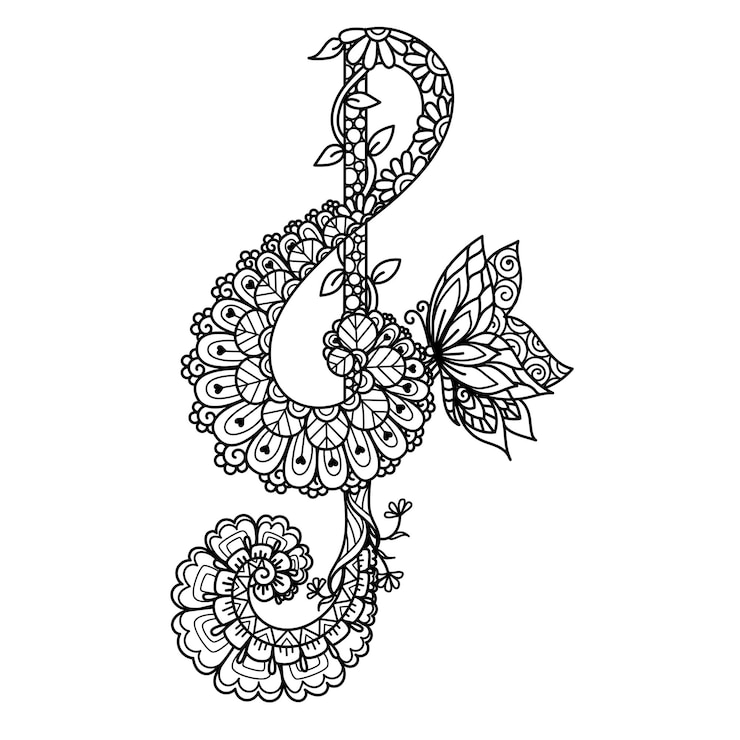 Clave de sol de Mandala para imprimir en el producto, grabar, cortar en papel, cortar con láser o colorear una página para adultos. Ilustración vectorial.