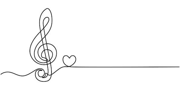 Clave de treble con corazón Nota musical corazón Arte de una línea Canción Elemento Icono Composición de música de amor