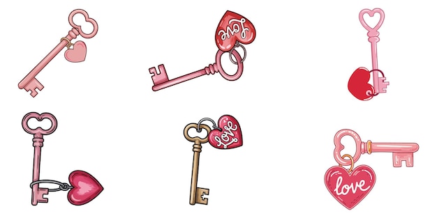 Claves en forma de corazón Un conjunto de cuatro claves vintage en forma de corazón aisladas sobre un fondo transparente