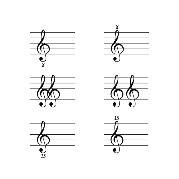 Claves de octava en el conjunto de personal vector plano aislado en fondo blanco símbolo de notación musical negro