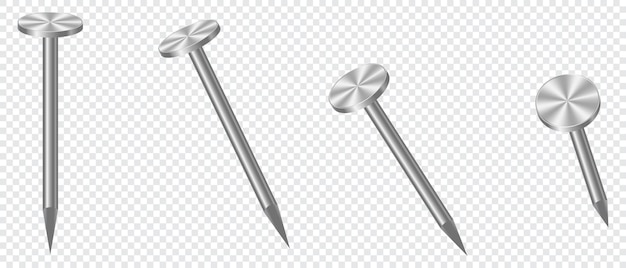 Clavos de metal 3d realistas Clavos de metal Conjunto realista de pasadores de metal Conjunto de vectores de hardware metálico Ilustración vectorial