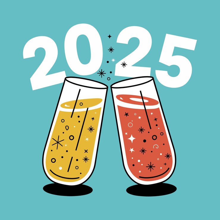 Vector clean vector clinking juice glasses con bubbly drinks y 2025 en el efecto brillante