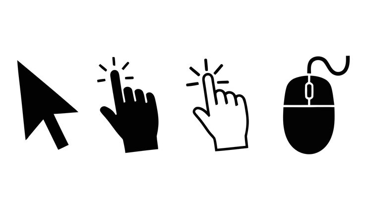 Click here icons set Click here icons set for web design and user interface simplicityHand cursor clicking icon