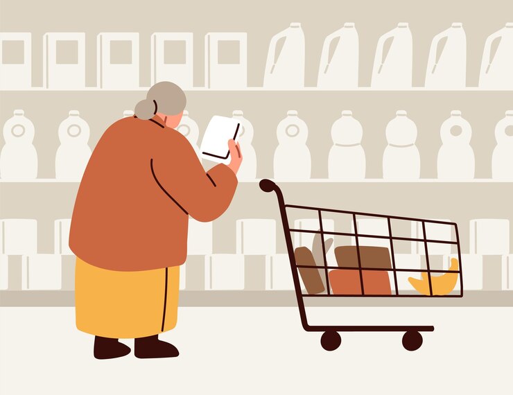 Vector cliente antiguo eligiendo producto en el supermercado mujer anciana consumidor comprando en el hipermercado personaje de compradora femenina con carrito de carrito en la estantería de la tienda haciendo elección ilustración vectorial plana