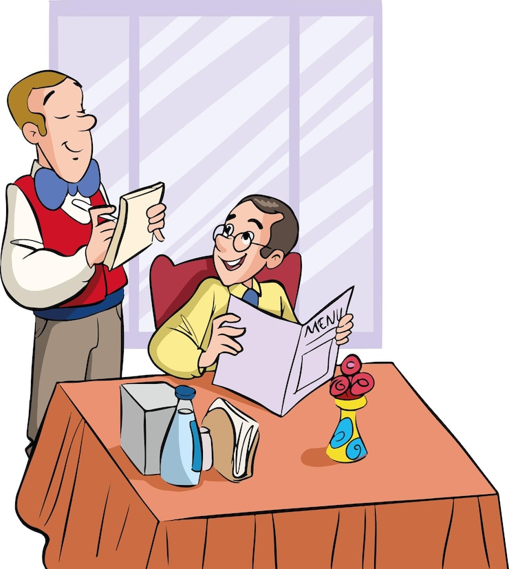 Vector cliente y camarero en vector de dibujos animados de restaurante