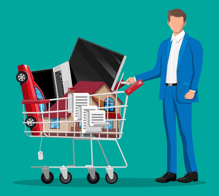 Vector cliente con carrito de supermercado lleno aislado sobre fondo verde. carro de metal sobre ruedas con construcción de viviendas, automóvil, computadora portátil, tv y cheque de recibo. ilustración de vector de estilo plano