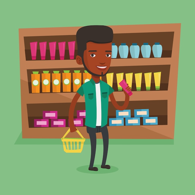 Cliente con cesta de la compra y tubo de nata.