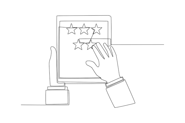 El cliente de dibujo continuo de una línea otorga una calificación completa de estrellas para el producto en la tableta Concepto de satisfacción del cliente Ilustración gráfica de vector de diseño de dibujo de una sola línea