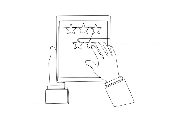 El cliente de dibujo continuo de una línea otorga una calificación completa de estrellas para el producto en la tableta concepto de satisfacción del cliente ilustración gráfica de vector de diseño de dibujo de una sola línea