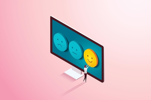 El cliente elige un emoticón de cara feliz en la computadora