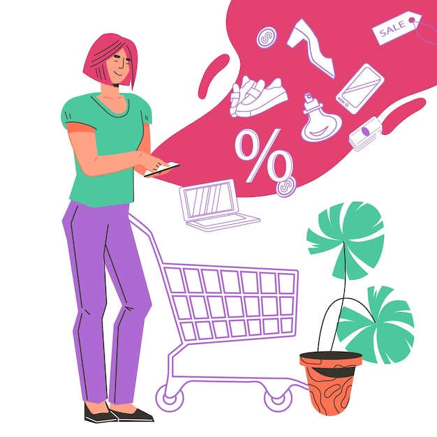 Vector cliente feliz personaje femenino compras en línea ilustración vectorial plana aislado