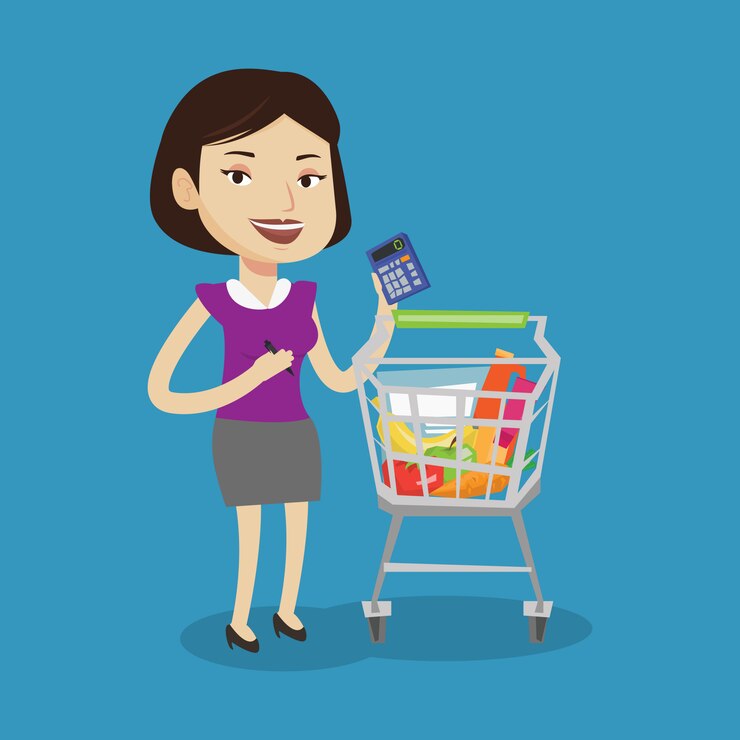 Vector cliente femenino contando con calculadora.
