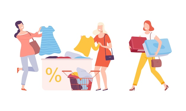 Cliente femenino eligiendo ropa en el conjunto vectorial de la tienda de moda
