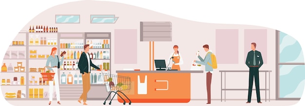 El cliente hace compras en la tienda de comestibles seleccionando productos en el estante vestimenta del cliente masculino empujando el carrito