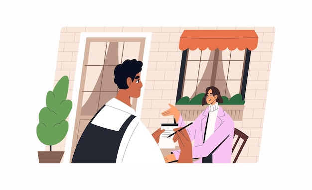 El cliente en la mesa fuera del restaurante hace el pedido El camarero de la cafetería toma notas en papel La mujer se sienta en la terraza del café para comer al aire libre Ilustración vectorial aislada plana sobre fondo blanco