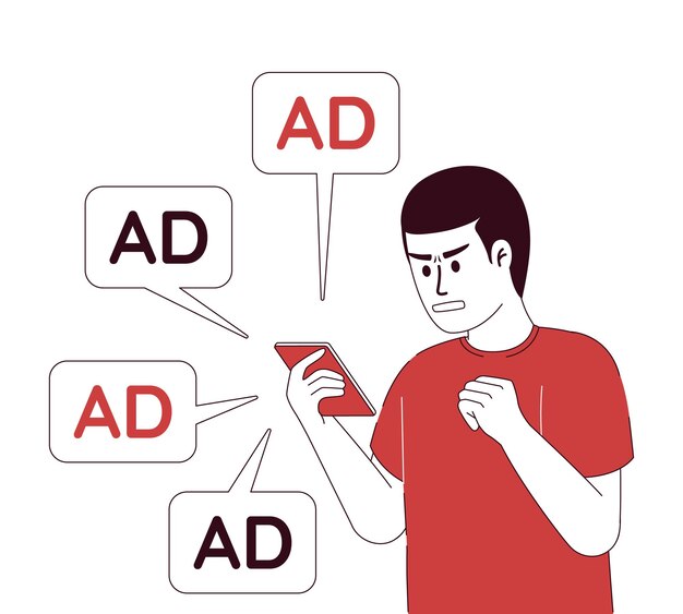 Cliente molesto por la ilustración de vector de concepto plano de anuncios en línea