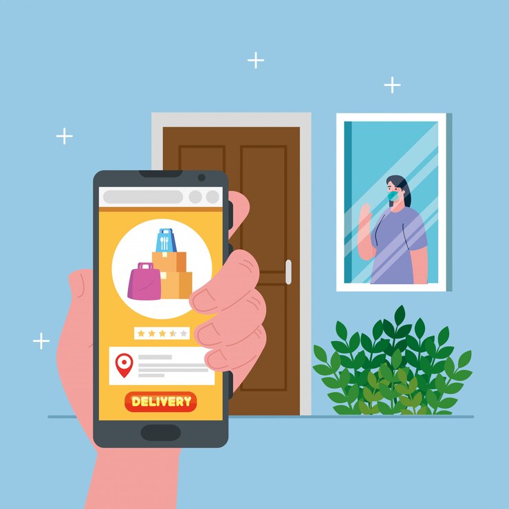 Vector cliente mujer con máscara detrás de la ventana y el teléfono inteligente