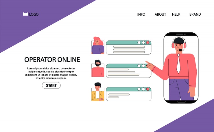 Vector el cliente y el operador ayudan al servicio al cliente en línea, el operador de línea directa masculino asesora al cliente, el soporte técnico global en línea.