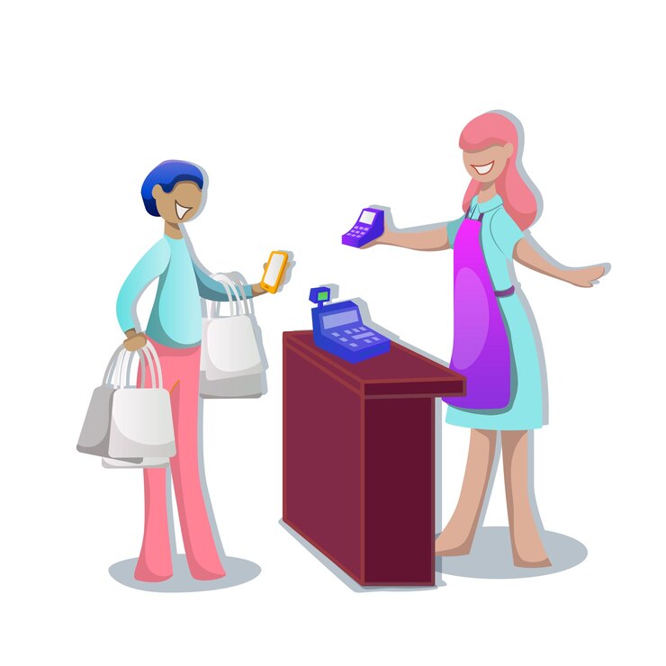 Vector un cliente paga de forma inalámbrica con un teléfono inteligente en la caja de un supermercado. el cajero acepta el pago. ilustración plana vectorial aislada en fondo blanco.