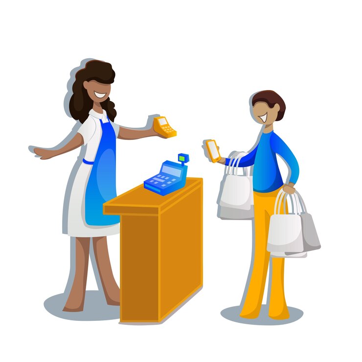 Vector un cliente paga de forma inalámbrica con un teléfono inteligente en la caja de un supermercado