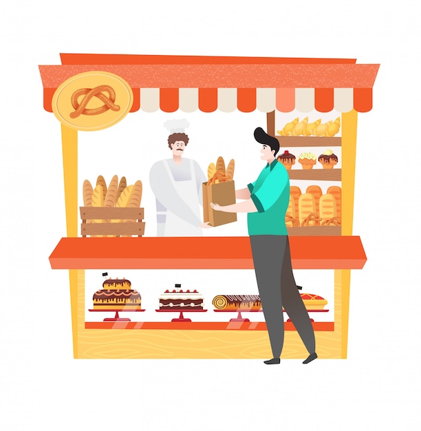 Cliente en panadería comprando pan o pastel fresco y orgánico aislado en blanco, ilustración de dibujos animados plana del mercado local.