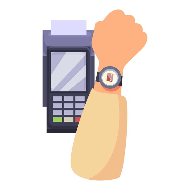 Cliente que paga con su reloj inteligente para el pago NFC en la terminal POS
