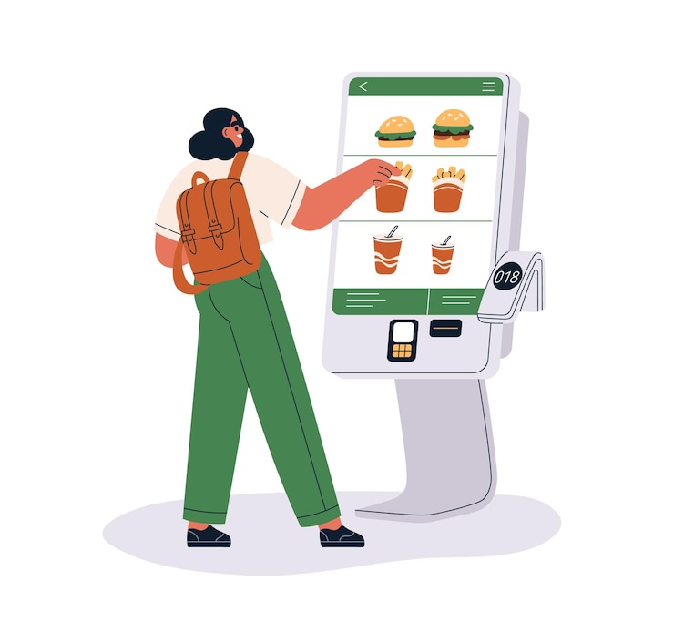 Vector cliente en el quiosco de auto-pedido eligiendo entre el menú de comida rápida en la pantalla visualización digital en la máquina de soporte compra y pago terminal ilustración vectorial gráfica plana aislada en fondo blanco