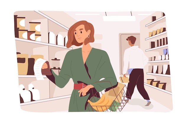 Cliente revisando la lista de compras, comprando alimentos de acuerdo con la lista de verificación en el supermercado. Concepto de compra planificado. Mujer compradora con cesta en tienda minorista. Escena de la vida cotidiana. Ilustración de vector plano.