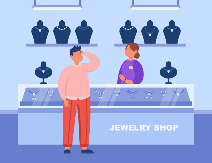 Vector cliente rico y vendedora en sala de comercio en joyería. tienda interior, hombre comprando joyas en el centro comercial ilustración vectorial plana. compras, accesorios, lujo, concepto de moda para banner.