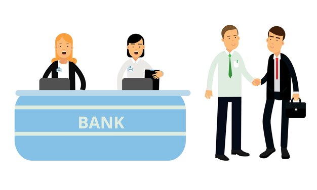 Vector clientes del banco y personal que atiende a los clientes conjunto de ilustraciones vectoriales