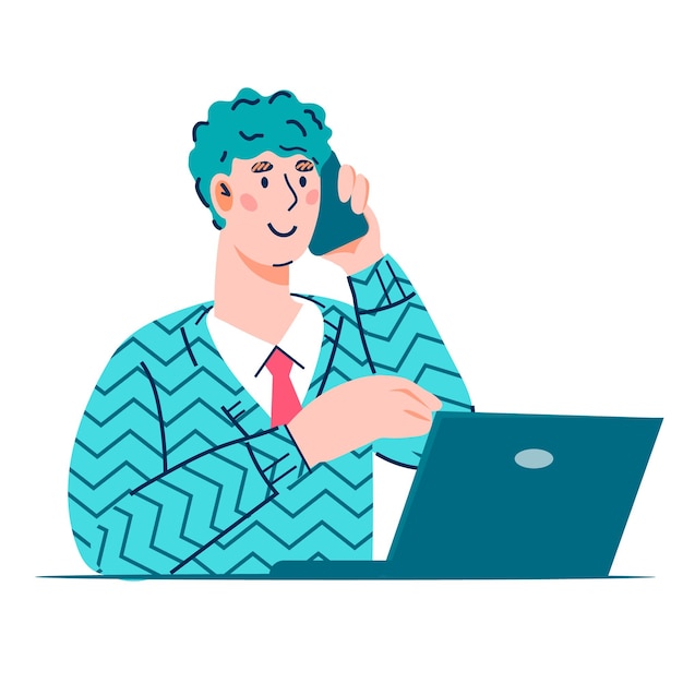 Los clientes del centro de llamadas admiten al operador de la línea directa Businessman habla por teléfono detrás del vector plano de la computadora portátil