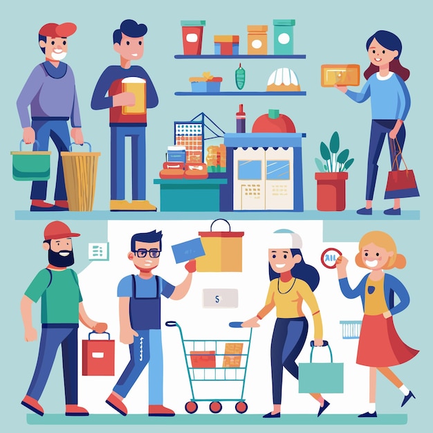 Los clientes compran comestibles y bebidas en la tienda local