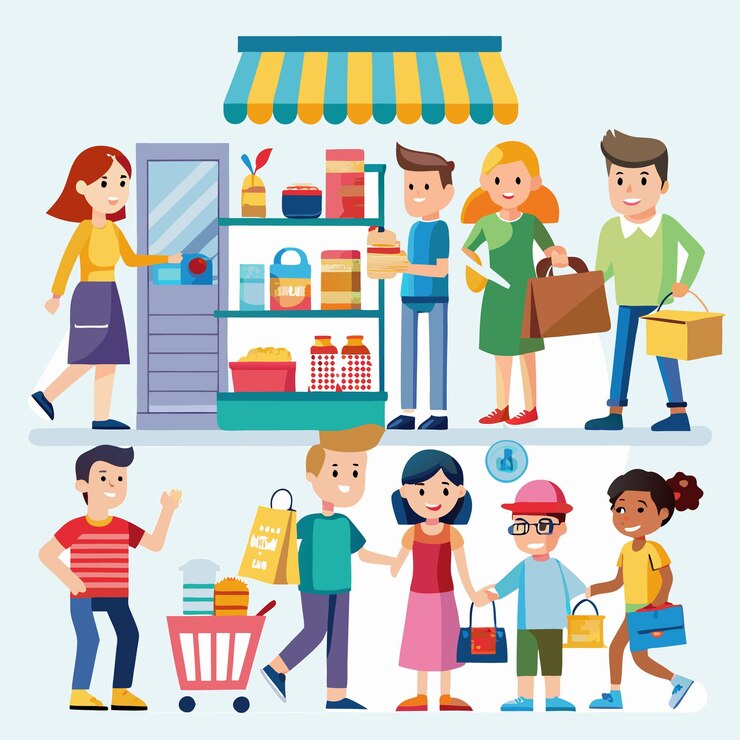 Vector los clientes compran en la tienda de comestibles con una variedad de artículos