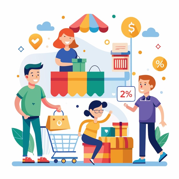 Clientes comprando en una tienda de descuento con regalos y un carrito de compras