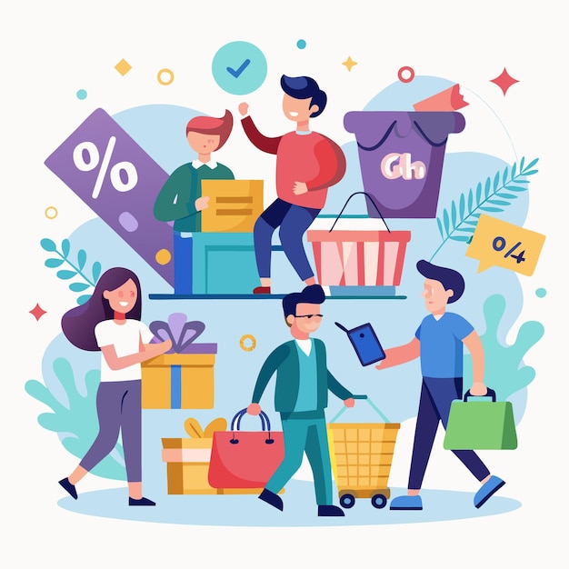 Clientes felices comprando con descuentos y regalos