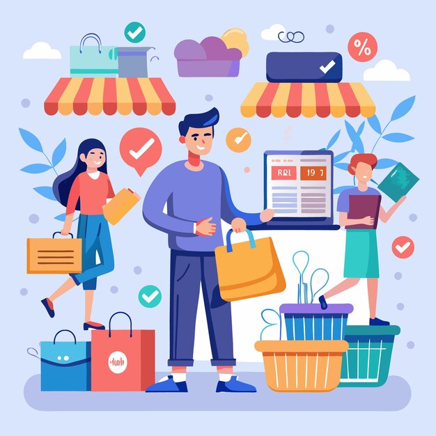 Clientes felices comprando en línea e en tiendas con ofertas de descuento