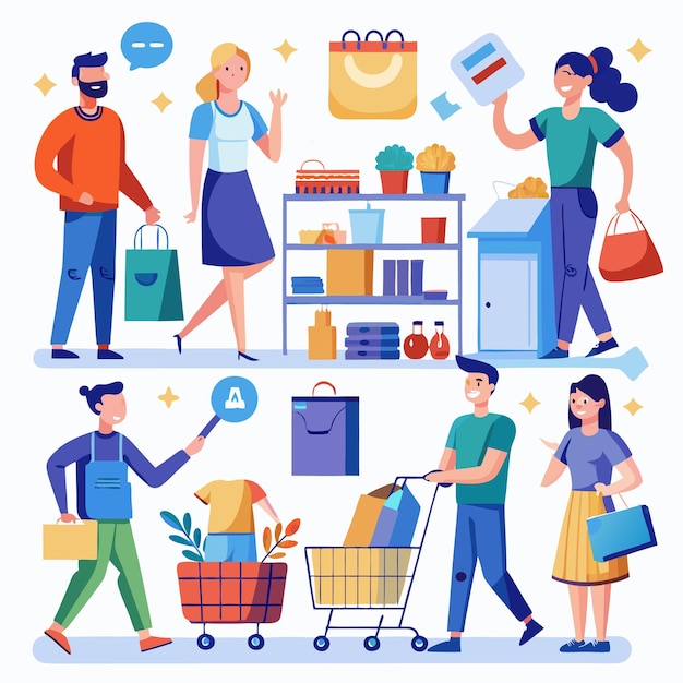 Clientes felices comprando productos en las tiendas