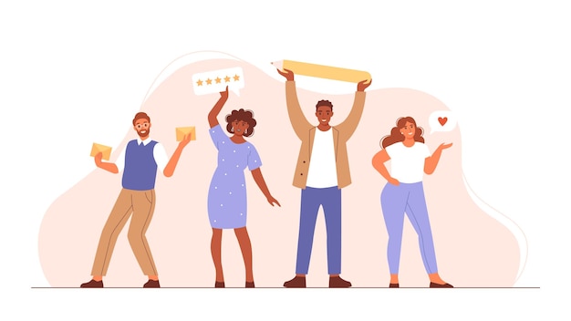 Clientes felices dando retroalimentación positiva a la calidad del producto y servicio. Ilustración de vector plano.