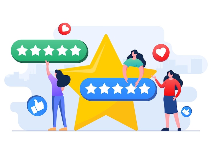 Vector clientes felices que dejan comentarios positivos en el sitio web de la aplicación de servicio de productos