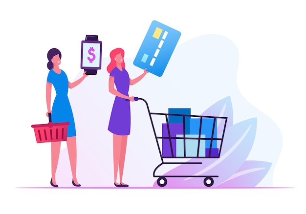 Clientes femeninos hacen cola en el supermercado Preparan la tarjeta de crédito y el reloj inteligente para pagar en línea sin efectivo. Ilustración plana de dibujos animados