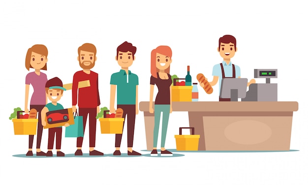 Los clientes hacen cola en el mostrador de caja con cajero en el supermercado. Concepto de vector de compras
