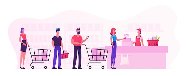 Los clientes hacen fila en el turno de la tienda de comestibles o del supermercado con los productos en el carrito de la compra. Ponen las compras en el mostrador de la caja para pagar. Compras, venta consumismo, cola en la tienda de dibujos animados ilustración vectorial plana