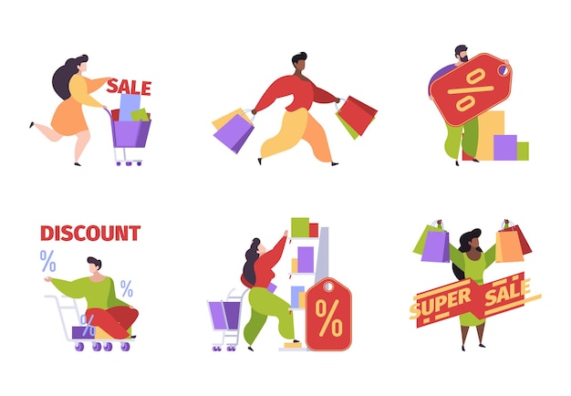 Clientes en el mercado Personas de compras con bolsas y paquetes personas del centro comercial comercio electrónico ilustraciones planas de clientes de vectores llamativos