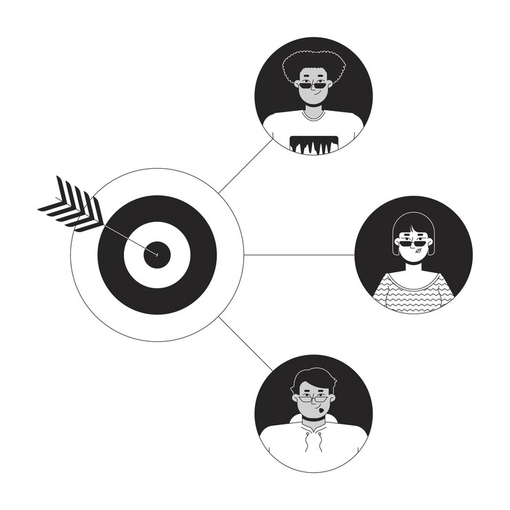 Vector clientes objetivo concepto de ilustración 2d en blanco y negro