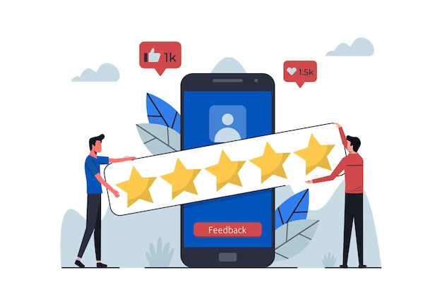 Clientes que dan retroalimentación de cinco estrellas Calificación de satisfacción y dejan comentarios positivos Concepto de experiencia de los usuarios