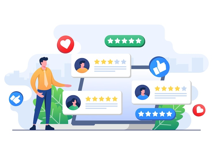 Vector clientes que dejan estrellas de calificación al producto o servicio del sitio web de la aplicación comentarios de los clientes