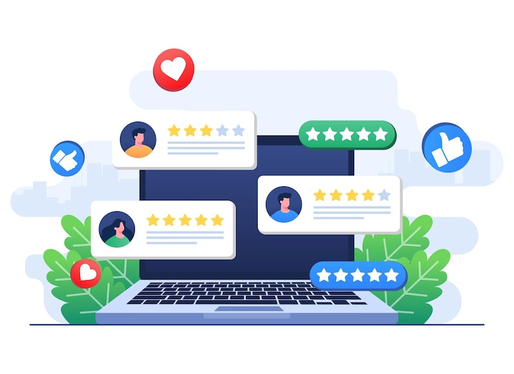 Vector clientes que dejan estrellas de calificación al producto o servicio del sitio web de la aplicación comentarios de los clientes